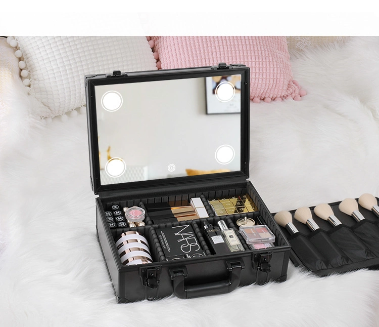 Professional Large Aluminum Tool Box Cosmetic Case with Lock Portable Storage Makeup Equipment Case with Light and Mirror